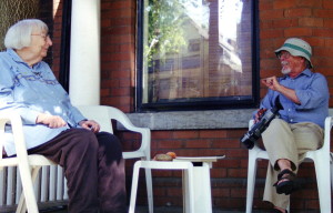 Jane Jacobs and Don Alexander on Jane's porch.  I made an educational video (Jane Jacobs Urban Wisdom, 45 minutes) with selected interview footage I shot over a ten year period.  Jane describes her books and the evolving themes.  A good biographical survey of her many interests  and writings.   A transcription of her voice is printed here.